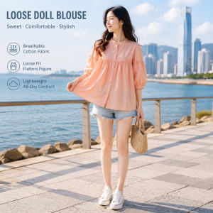 Baby shirt coat summer Korean version of loose fluffy commuter solid color sweet foreign style lace stand collar lantern sleeve shirt female