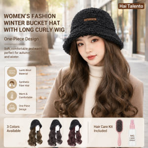Wig Women's Long Hair Hat with Wig One-in-One Fashion Autumn and Winter Long Curly Hair Big Wave Natural Full Head Cover