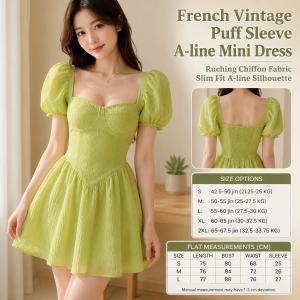 Puff Sleeve Dress Women's Summer French Style Retro Green Hot Girl Tight Waist Sexy Slimming Elegant A- line Short Dress