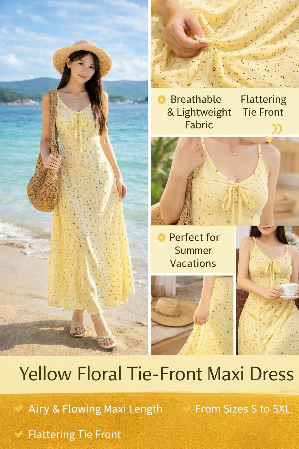 Black Yellow Floral V-neck Dress