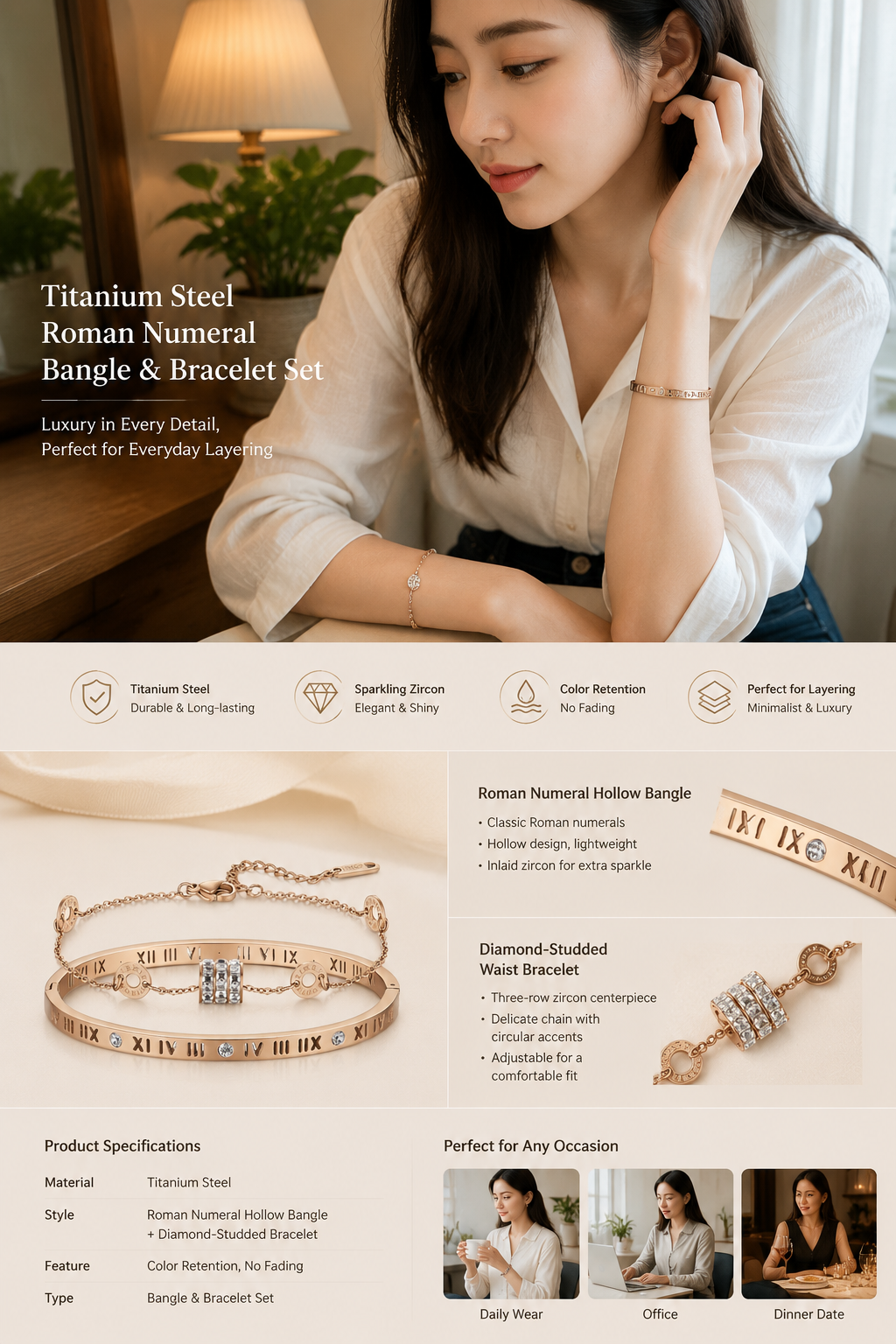 Roman Titanium Steel Bangle Set