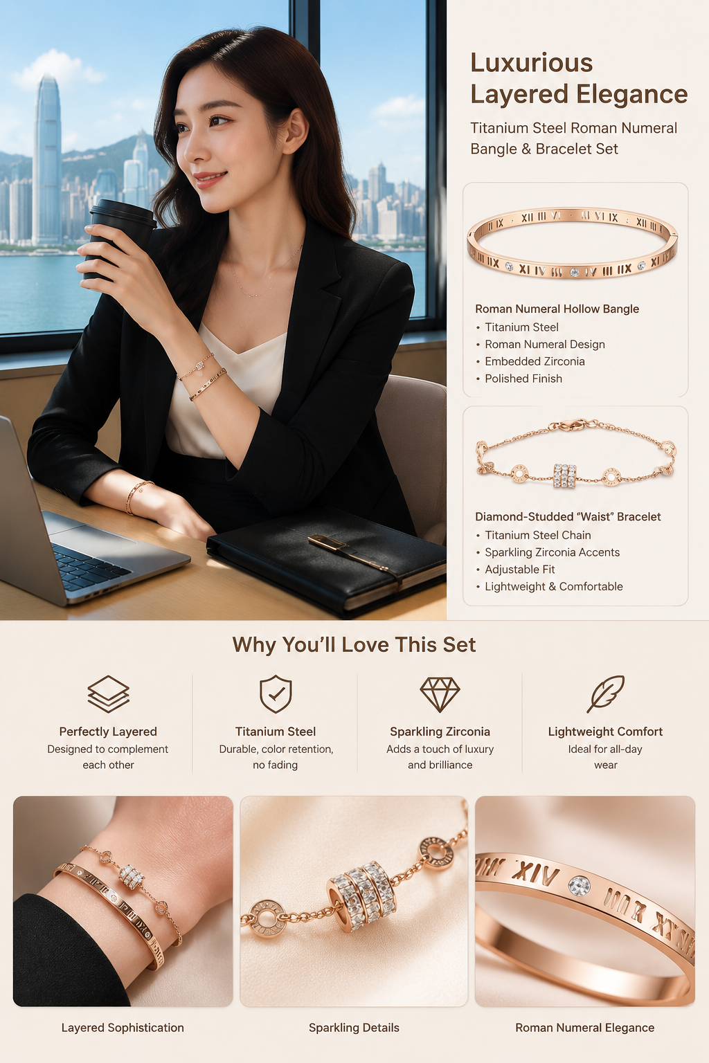 Roman Titanium Steel Bangle Set