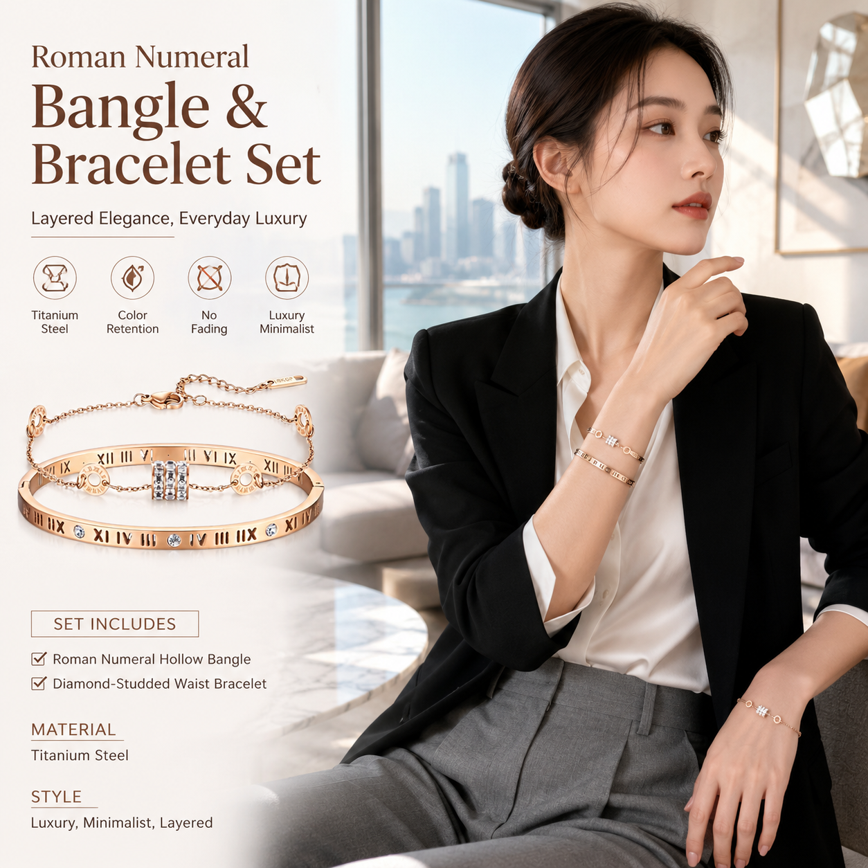 Roman Titanium Steel Bangle Set