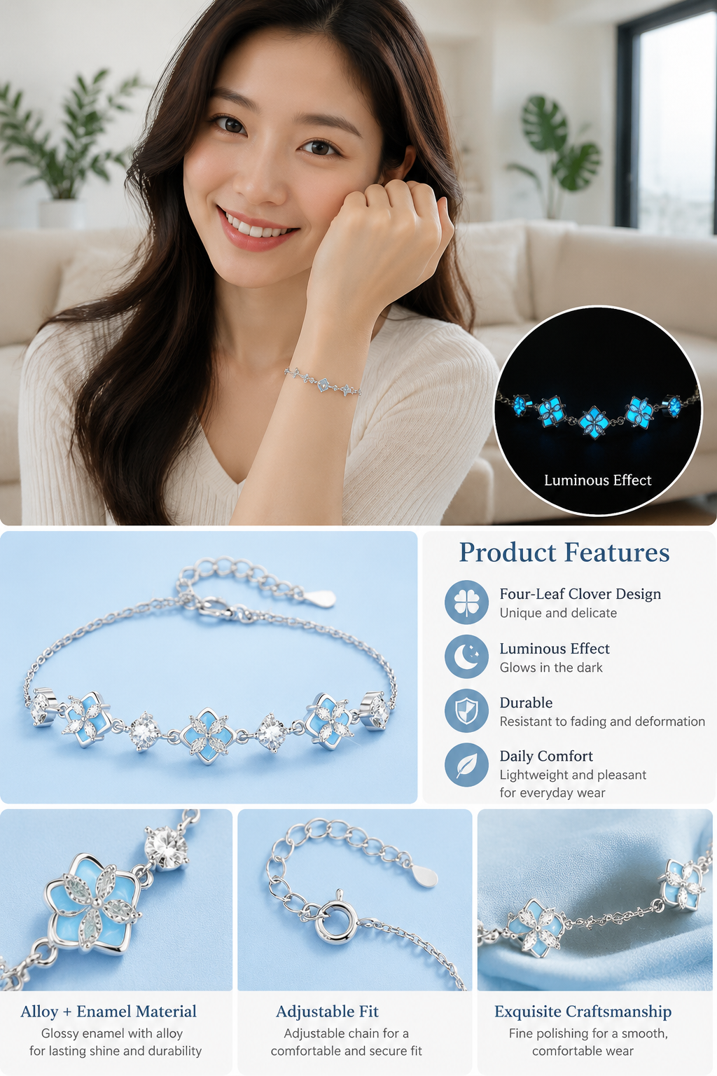 Glowing Clover Enamel Bracelet