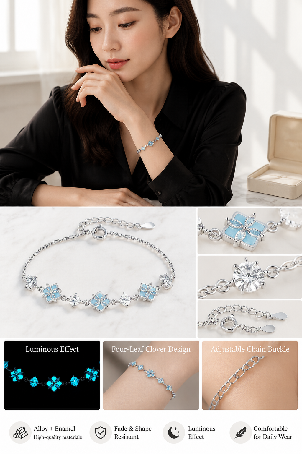 Glowing Clover Enamel Bracelet
