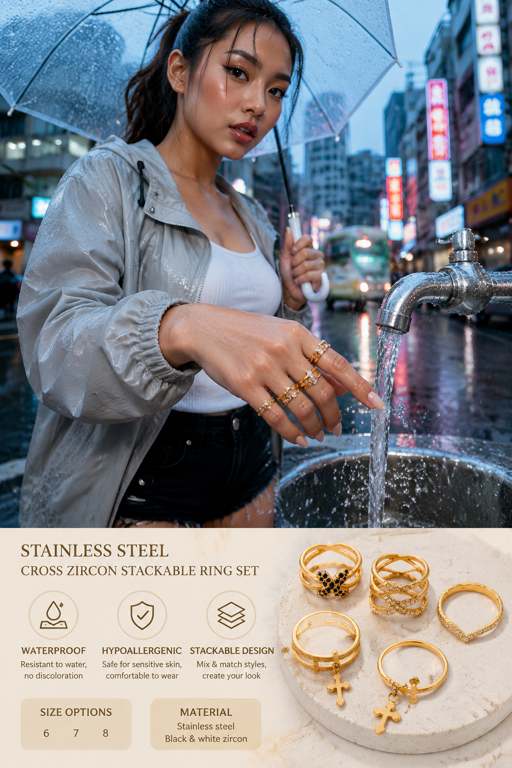 Zircon Cross V-shaped Ring Set