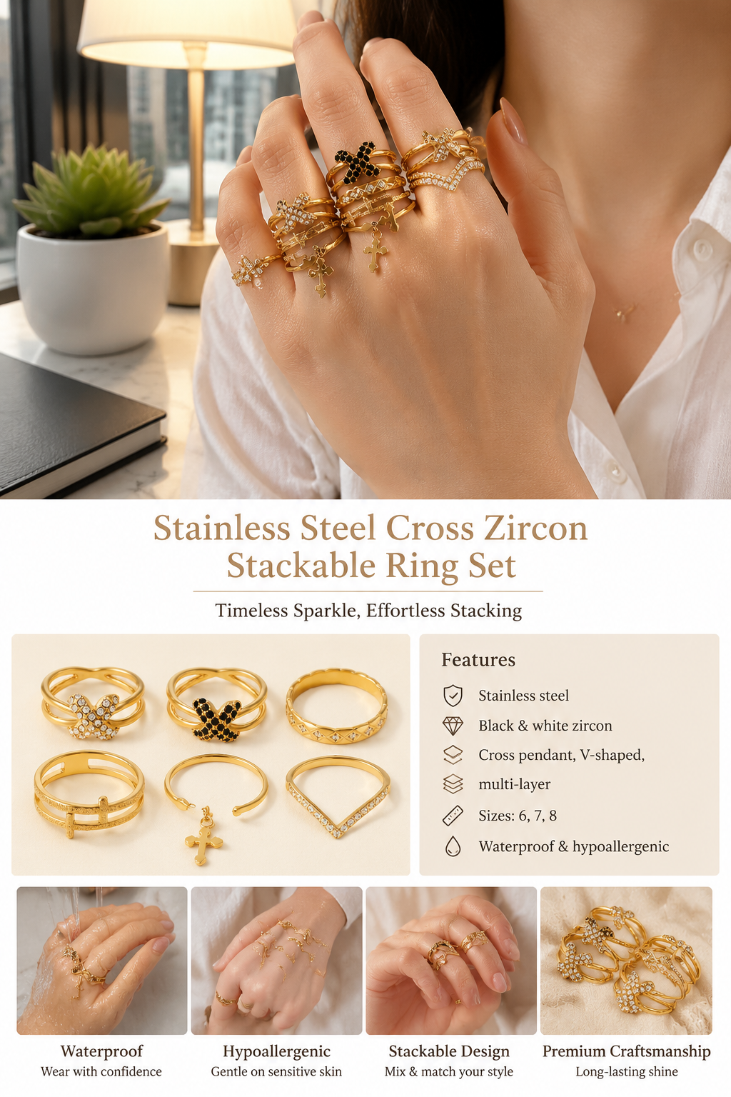 Zircon Cross V-shaped Ring Set