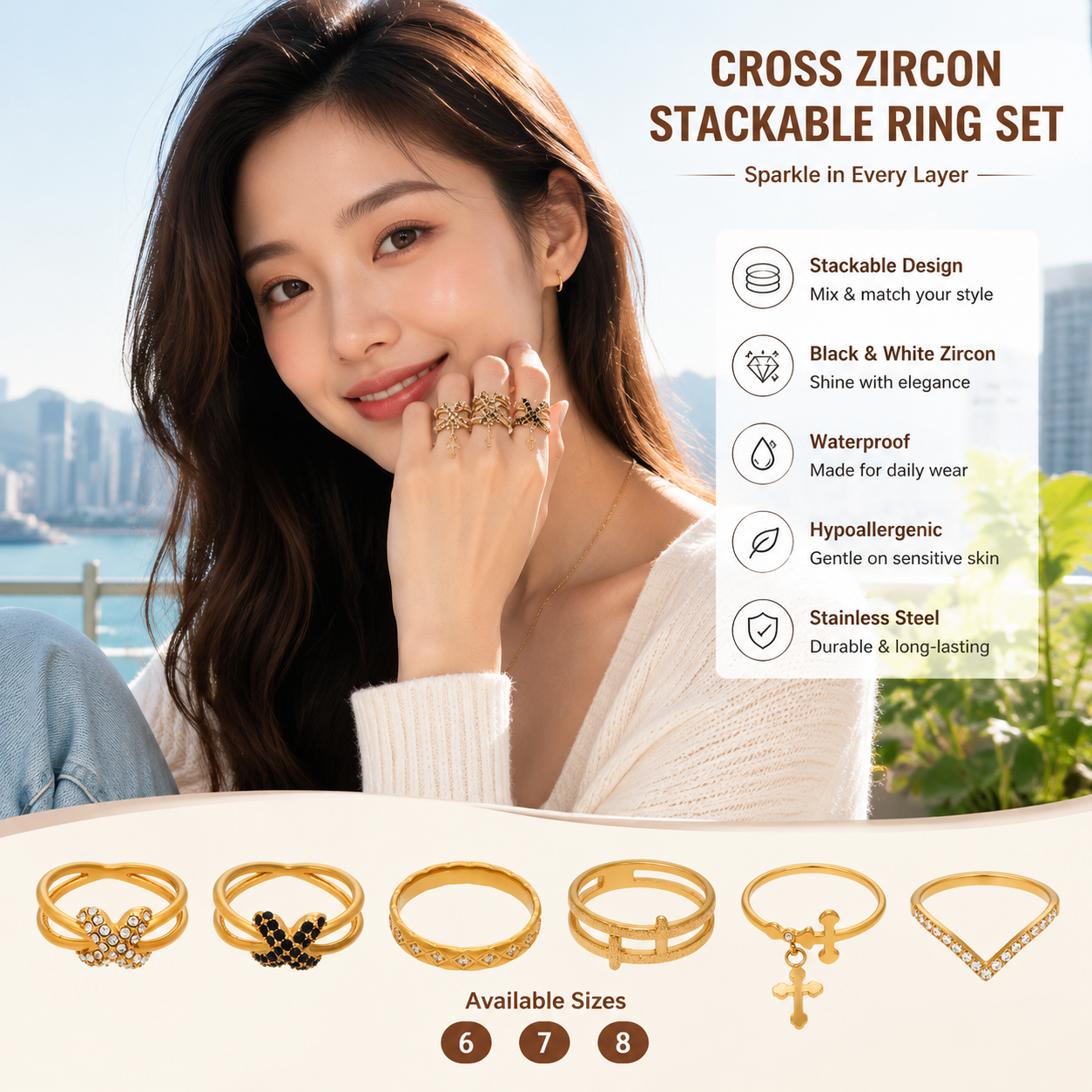 Zircon Cross V-shaped Ring Set