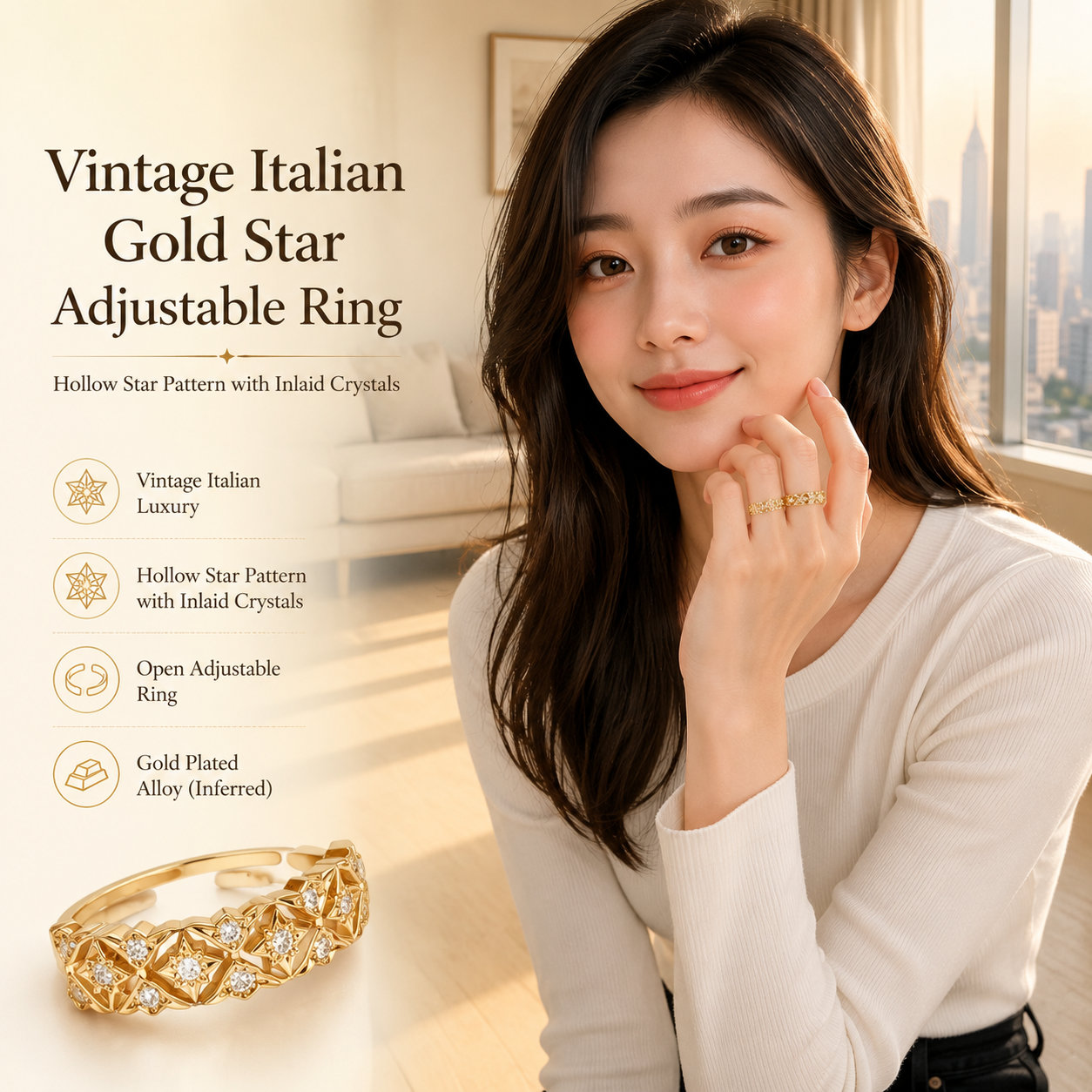 Vintage Star Crystal Adjustable Ring