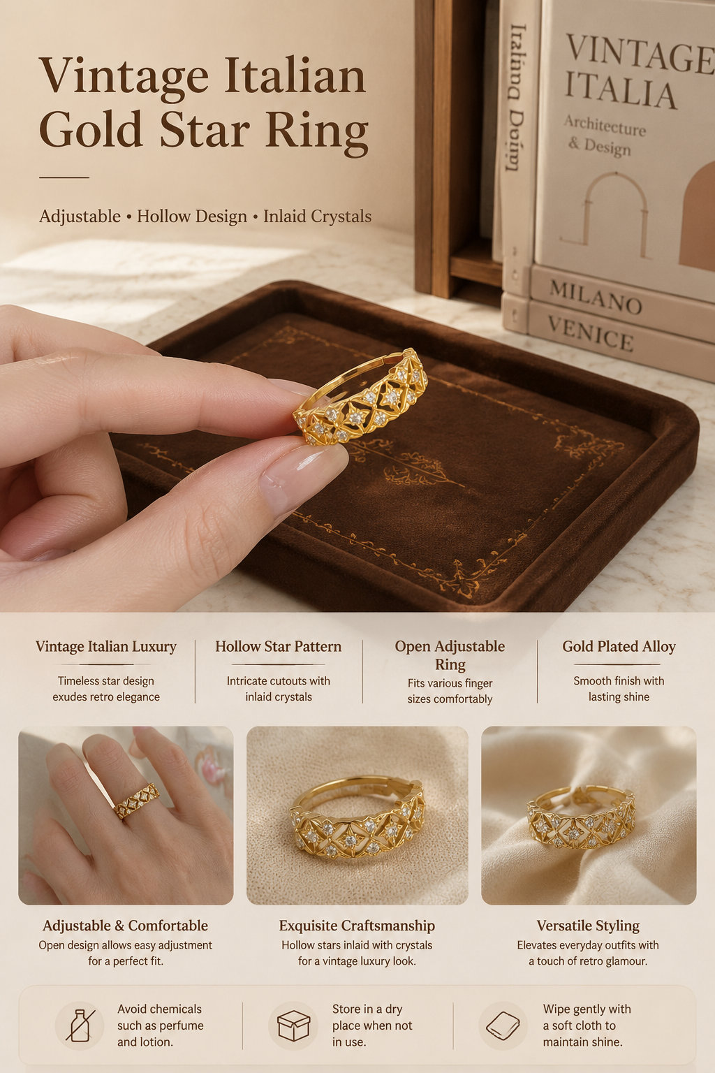 Vintage Star Crystal Adjustable Ring