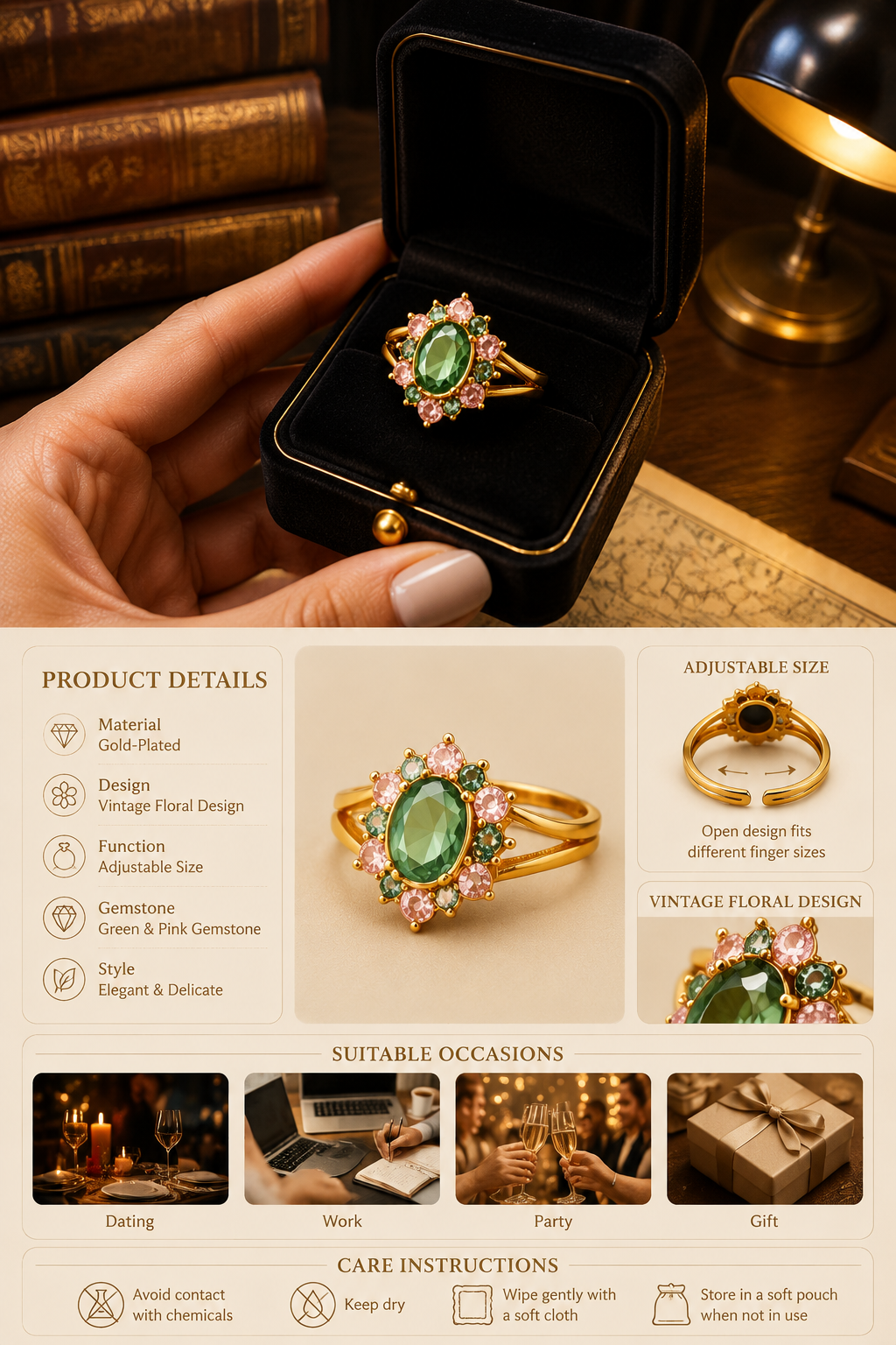 Vintage Floral Gemstone Ring