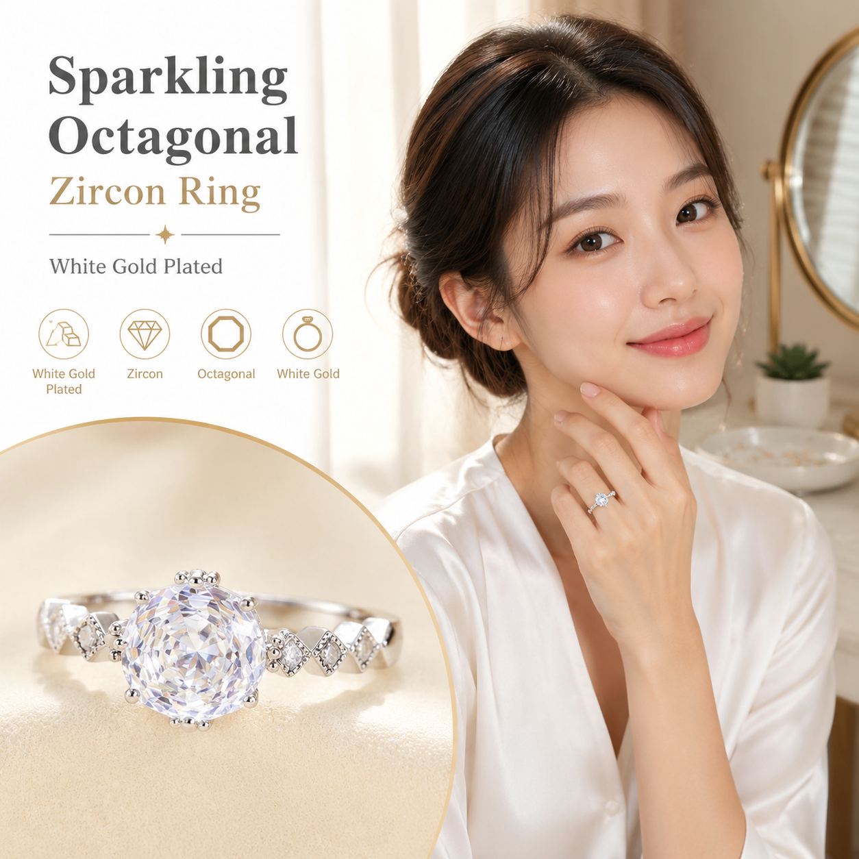 Zircon Octagonal Gold Ring