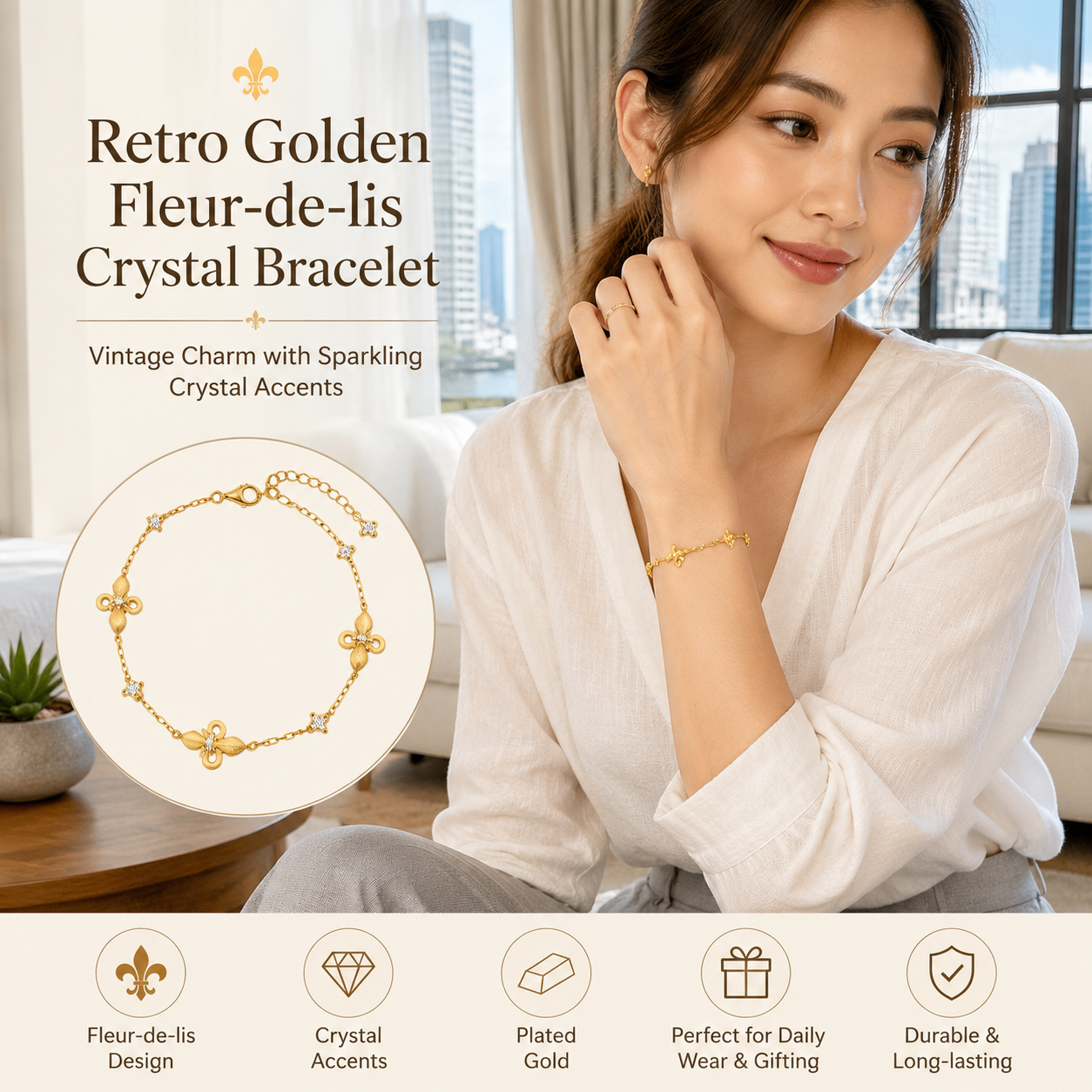 Women's Plated Gold Fleur-de-lis Crystal Bracelet