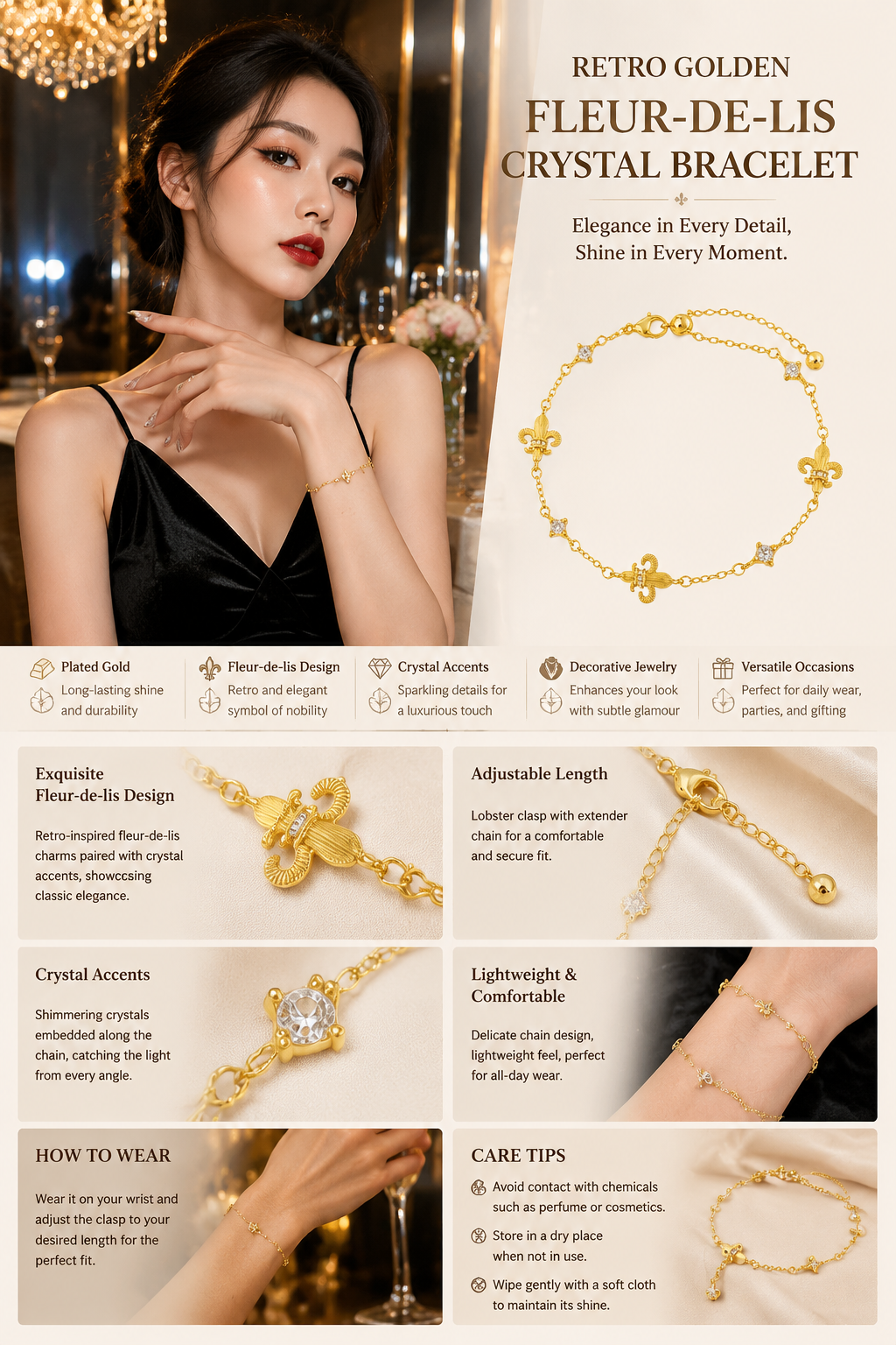 Women's Plated Gold Fleur-de-lis Crystal Bracelet