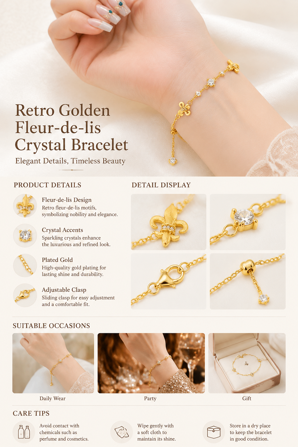 Women's Plated Gold Fleur-de-lis Crystal Bracelet