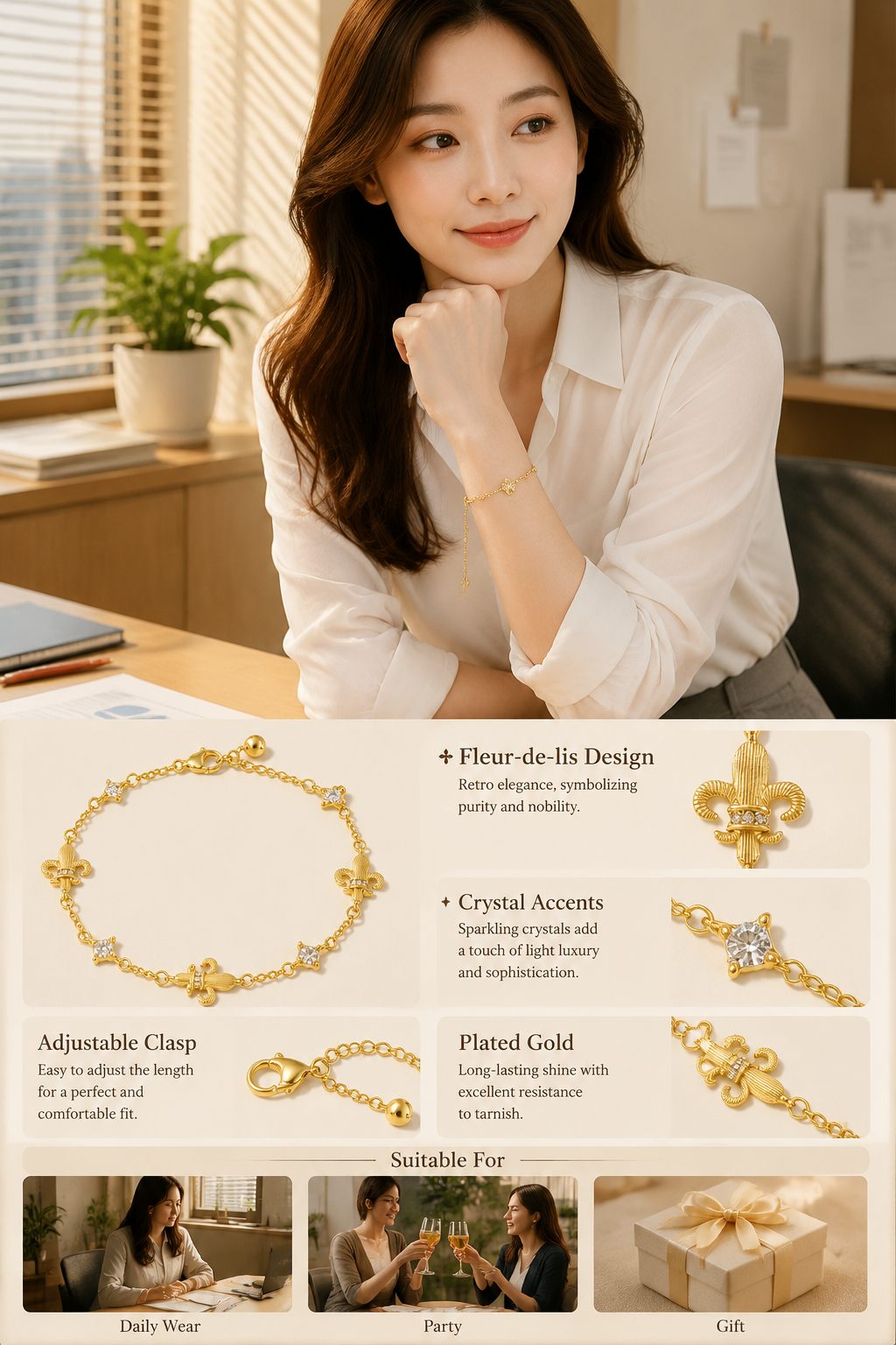 Women's Plated Gold Fleur-de-lis Crystal Bracelet
