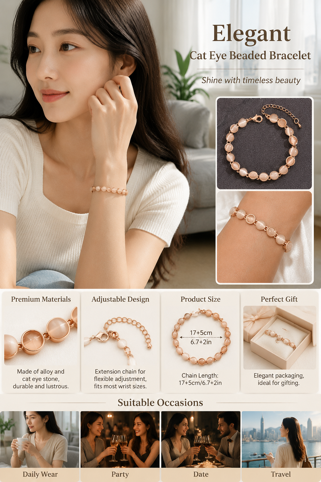 Elegant Cat Eye Beaded Ladies Bracelet