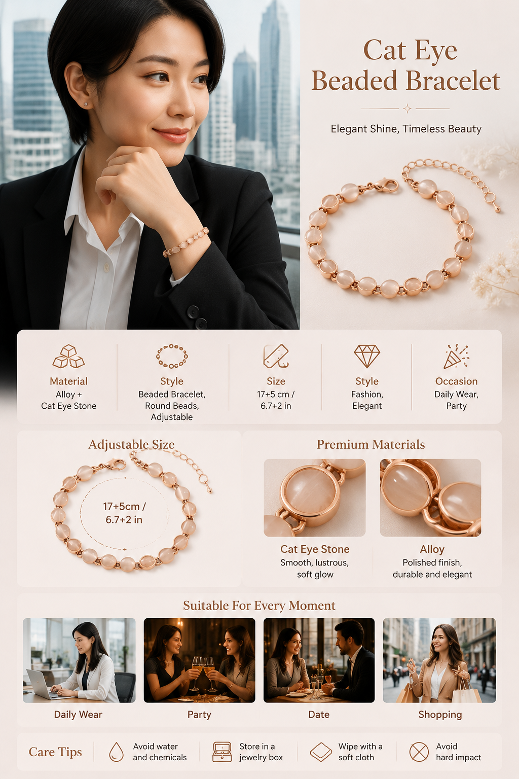 Elegant Cat Eye Beaded Ladies Bracelet
