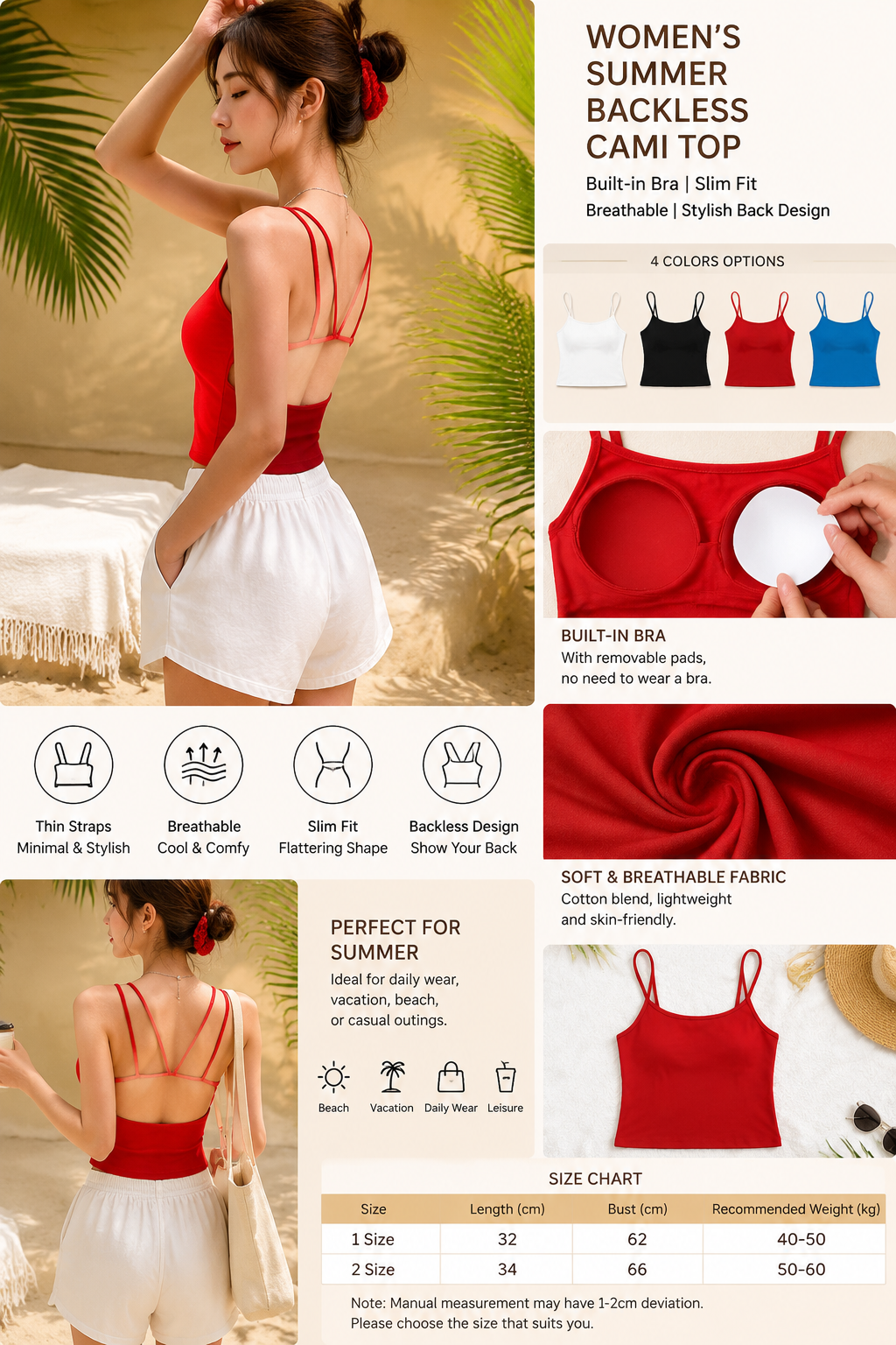 Backless Slim Fit Summer Cami Top with Built-in Bra