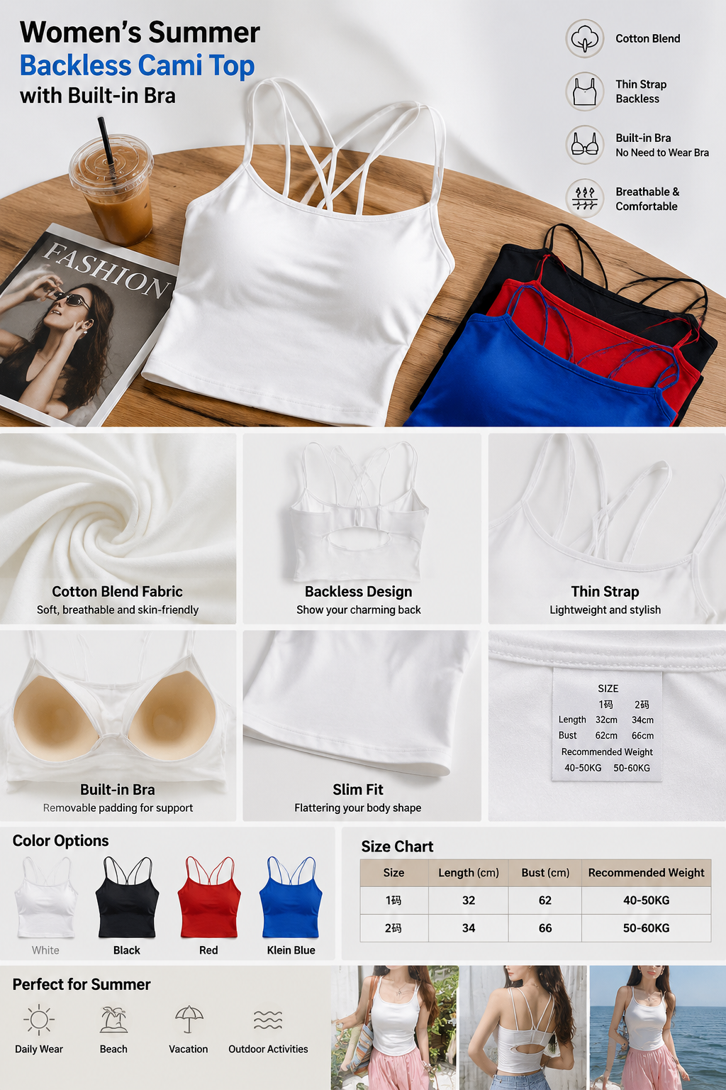 Backless Slim Fit Summer Cami Top with Built-in Bra