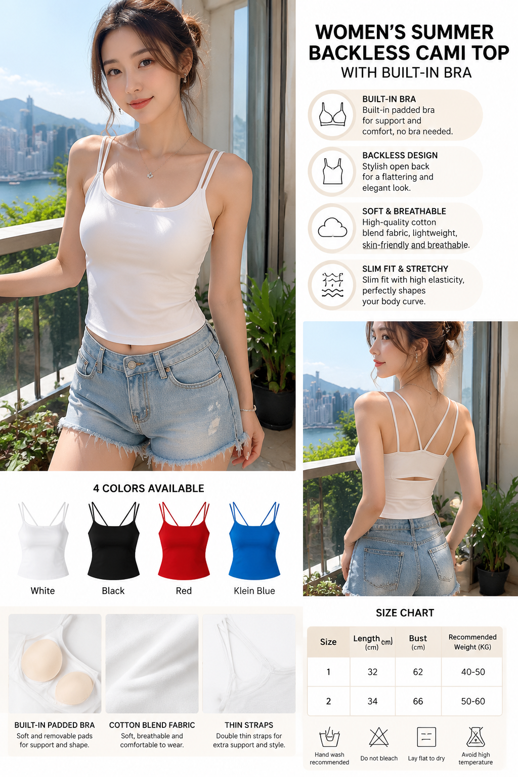Backless Slim Fit Summer Cami Top with Built-in Bra