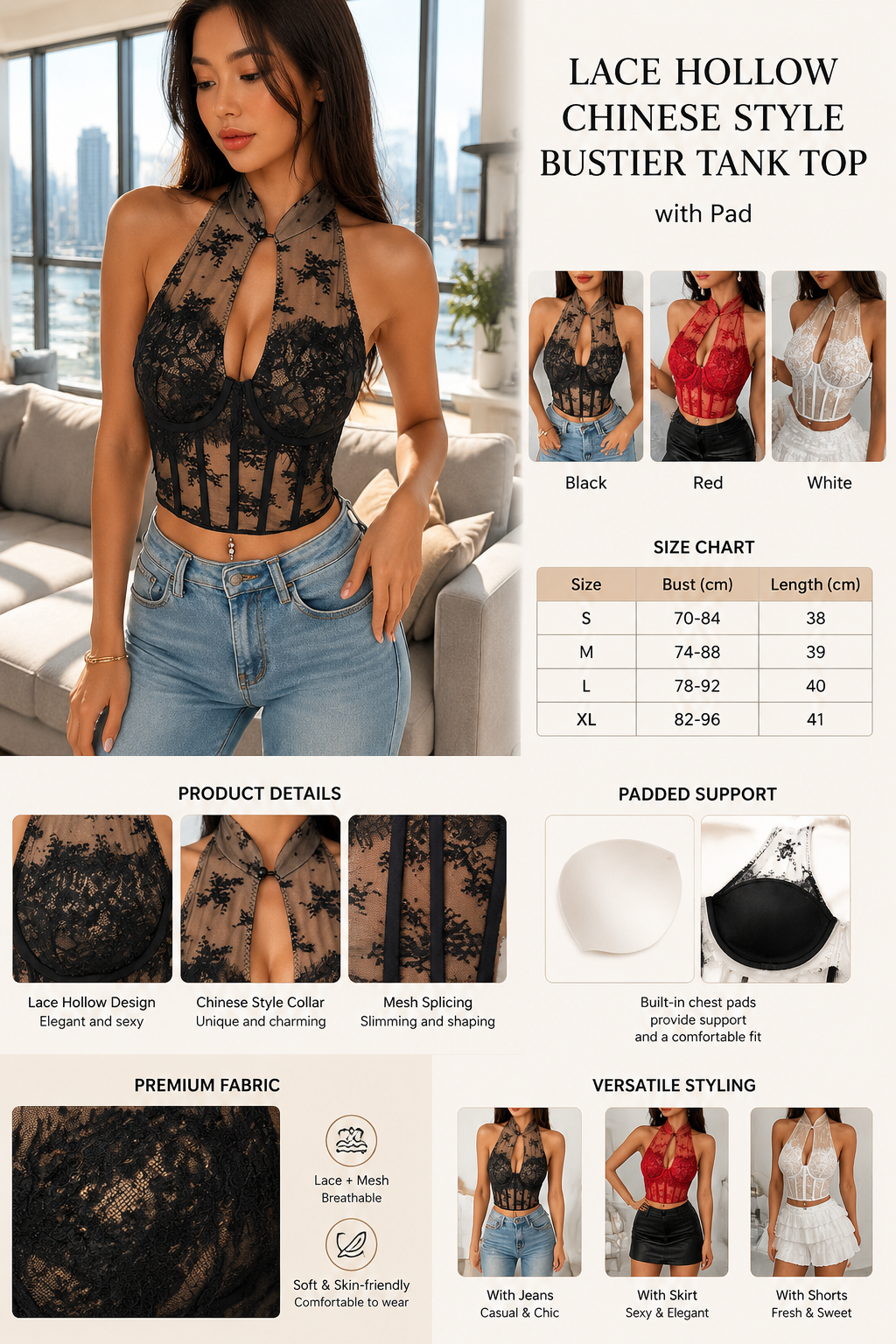 Lace Chinese Cami Top with Bra