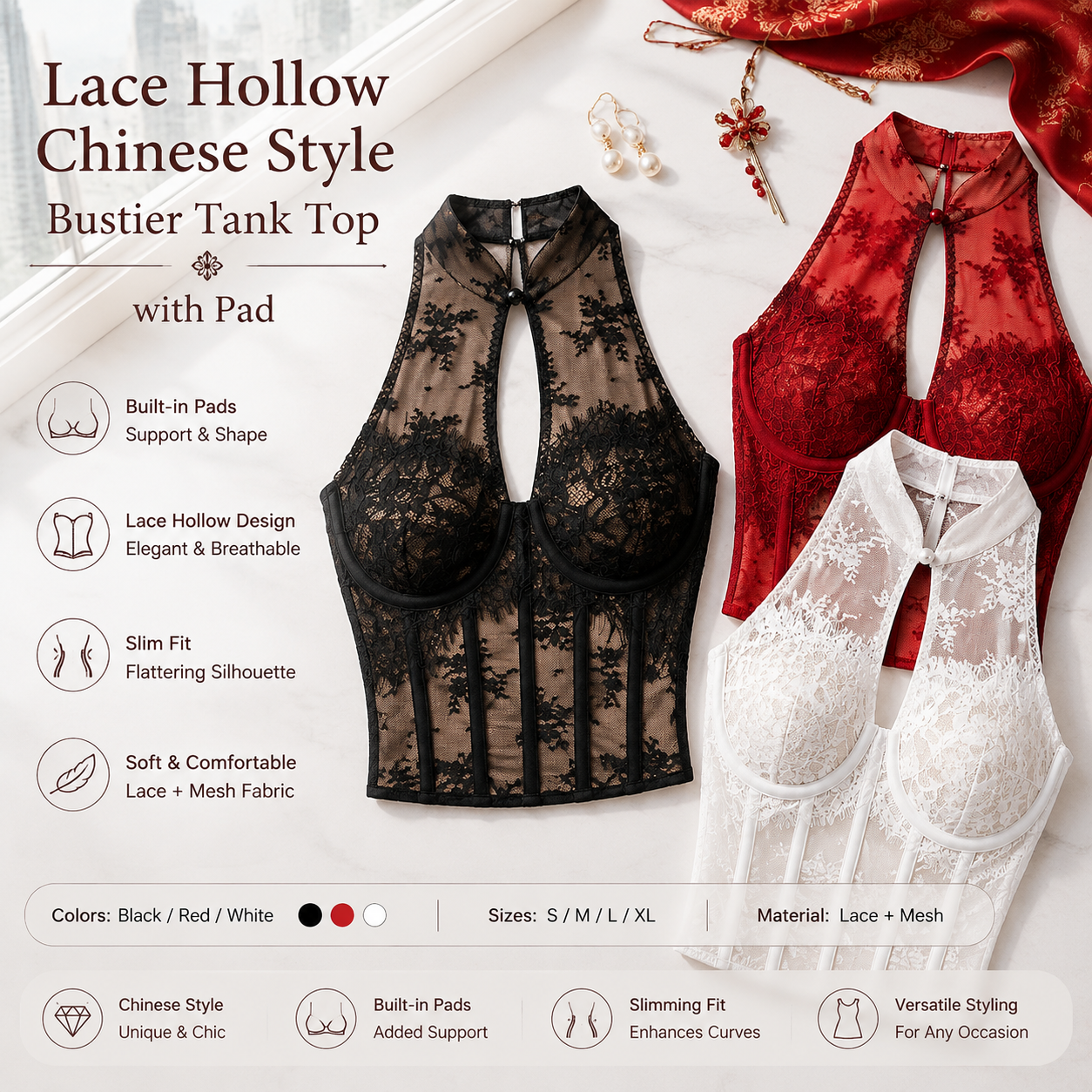 Lace Chinese Cami Top with Bra