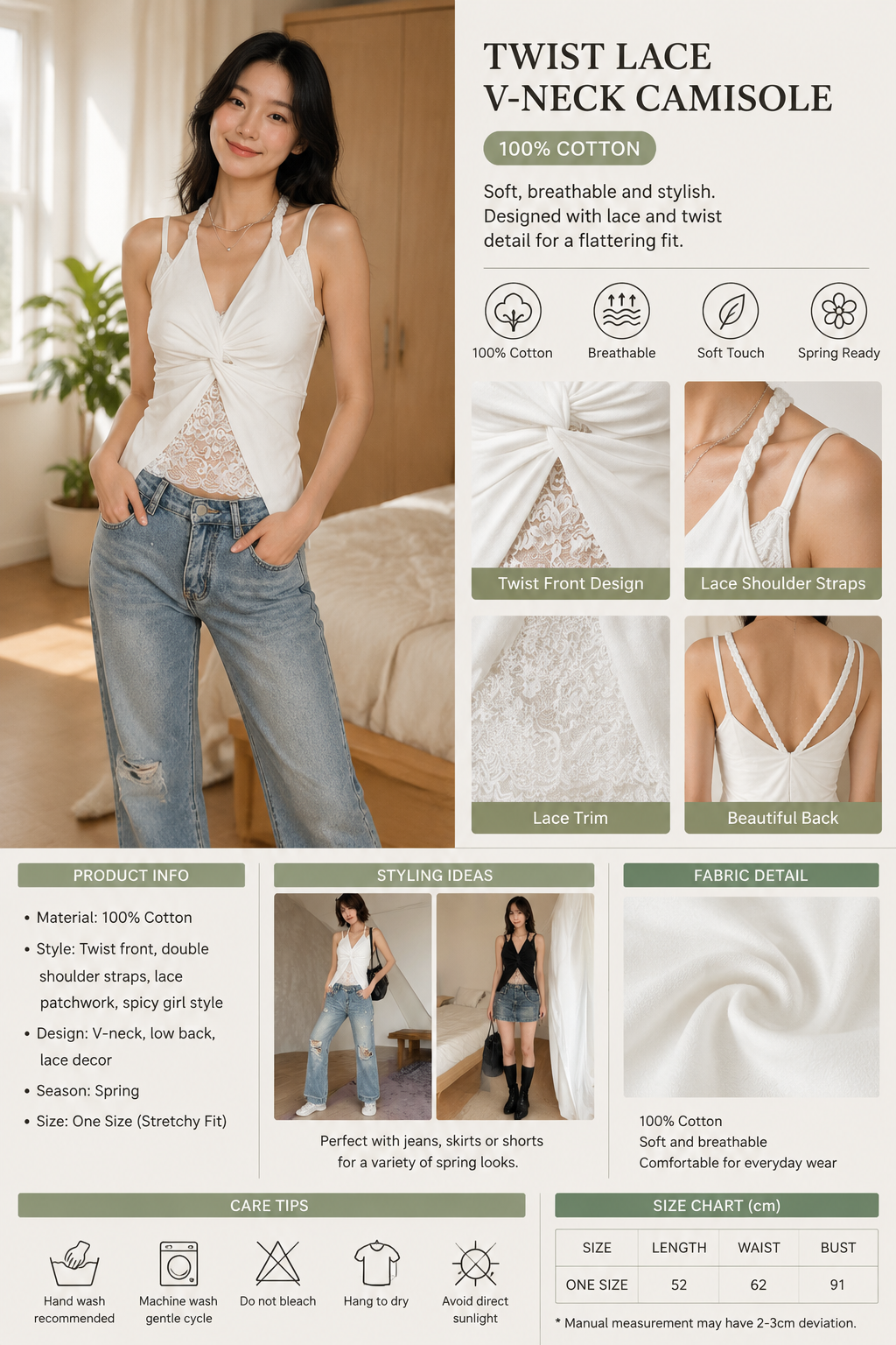 100% Cotton Lace V-Neck Twist Cami Top
