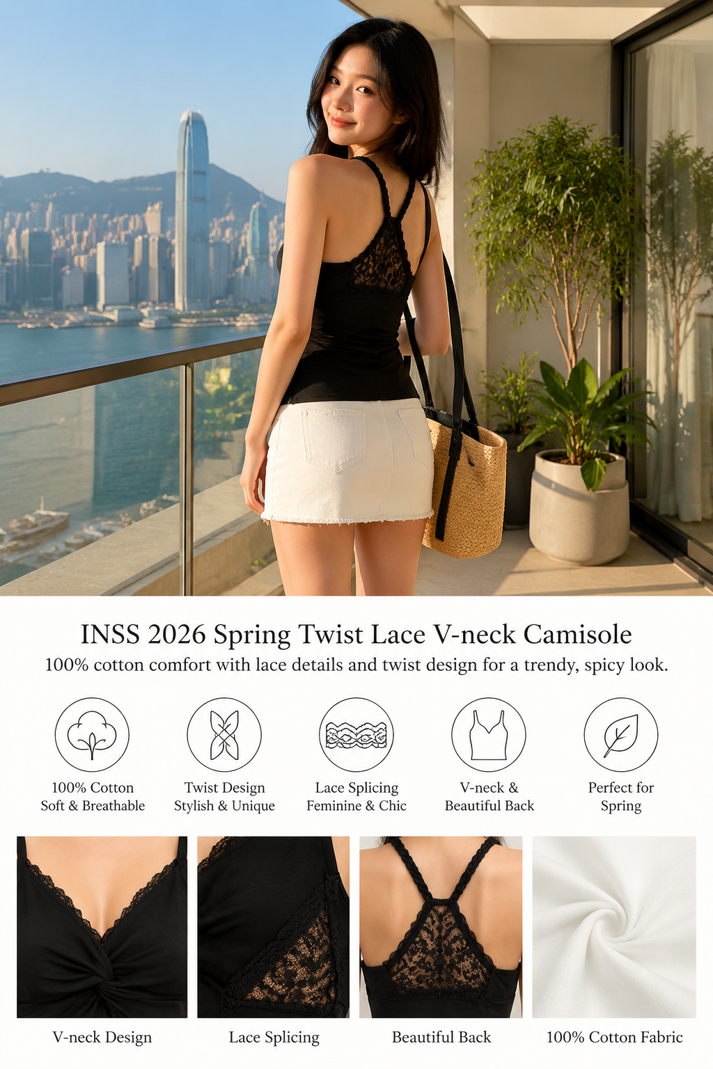 100% Cotton Lace V-Neck Twist Cami Top