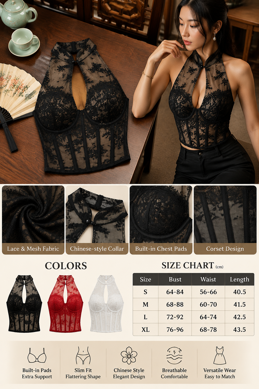 Lace Chinese Cami Top with Bra