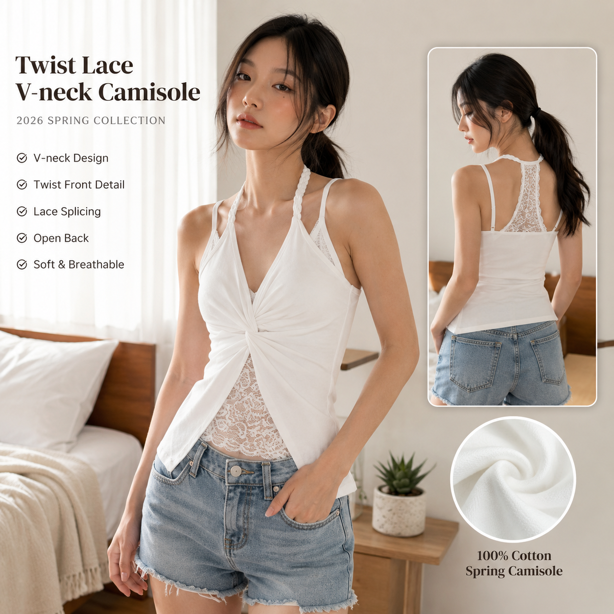100% Cotton Lace V-Neck Twist Cami Top
