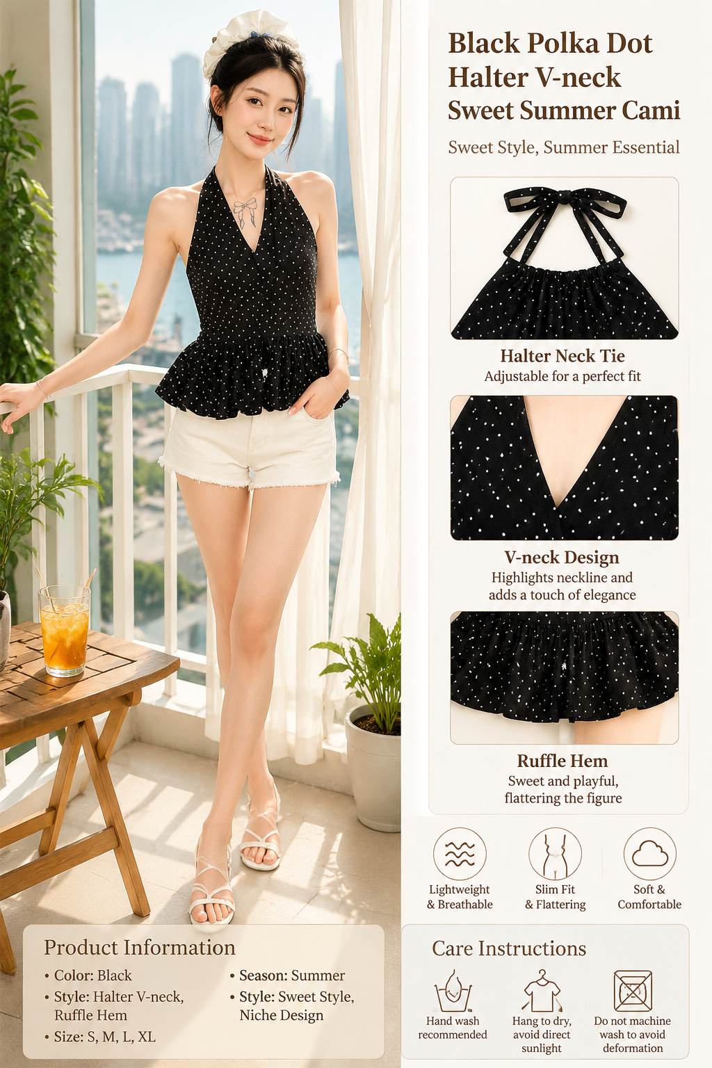 Black Halter V-Neck Sweet Top