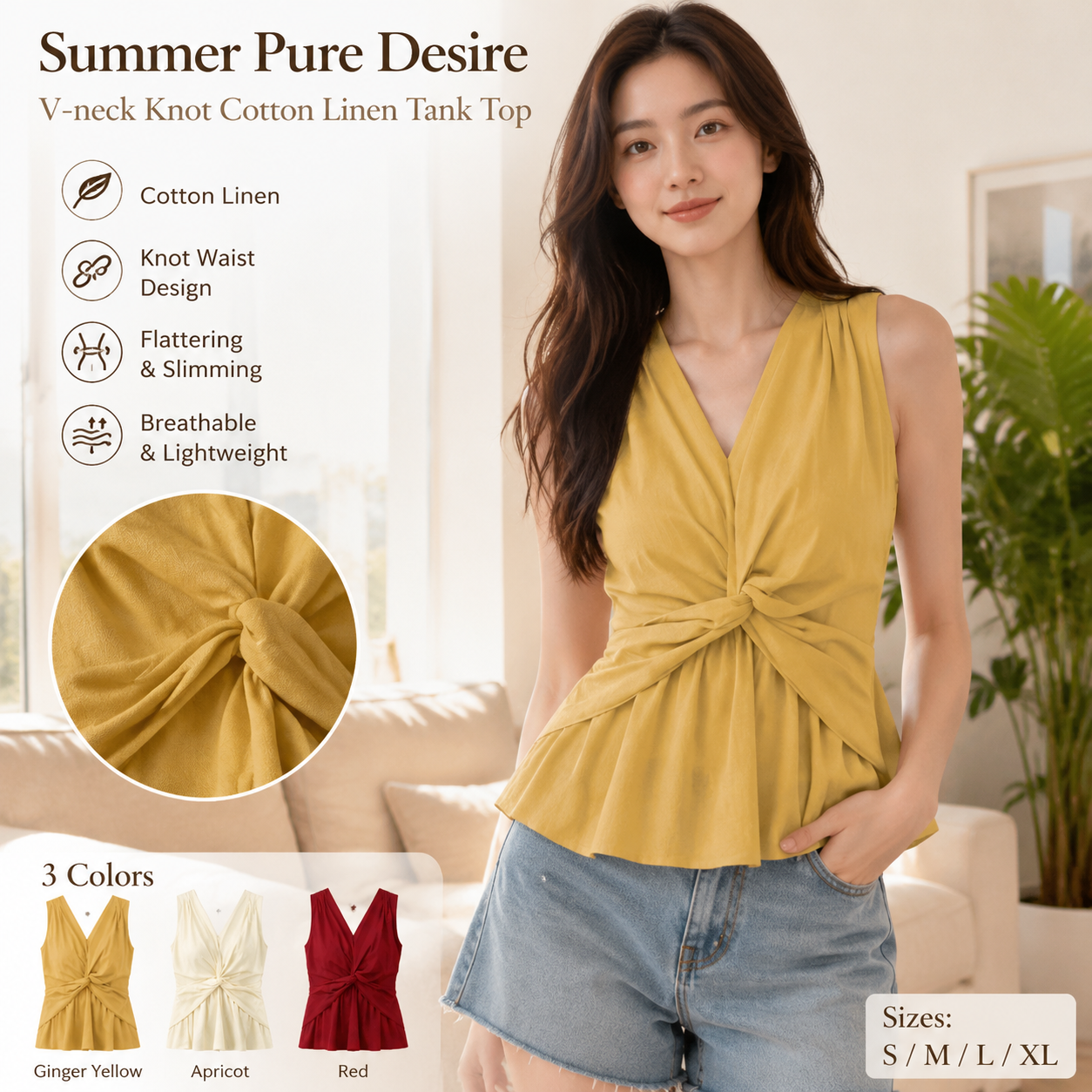Summer V-neck Twist Sleeveless Tank Top