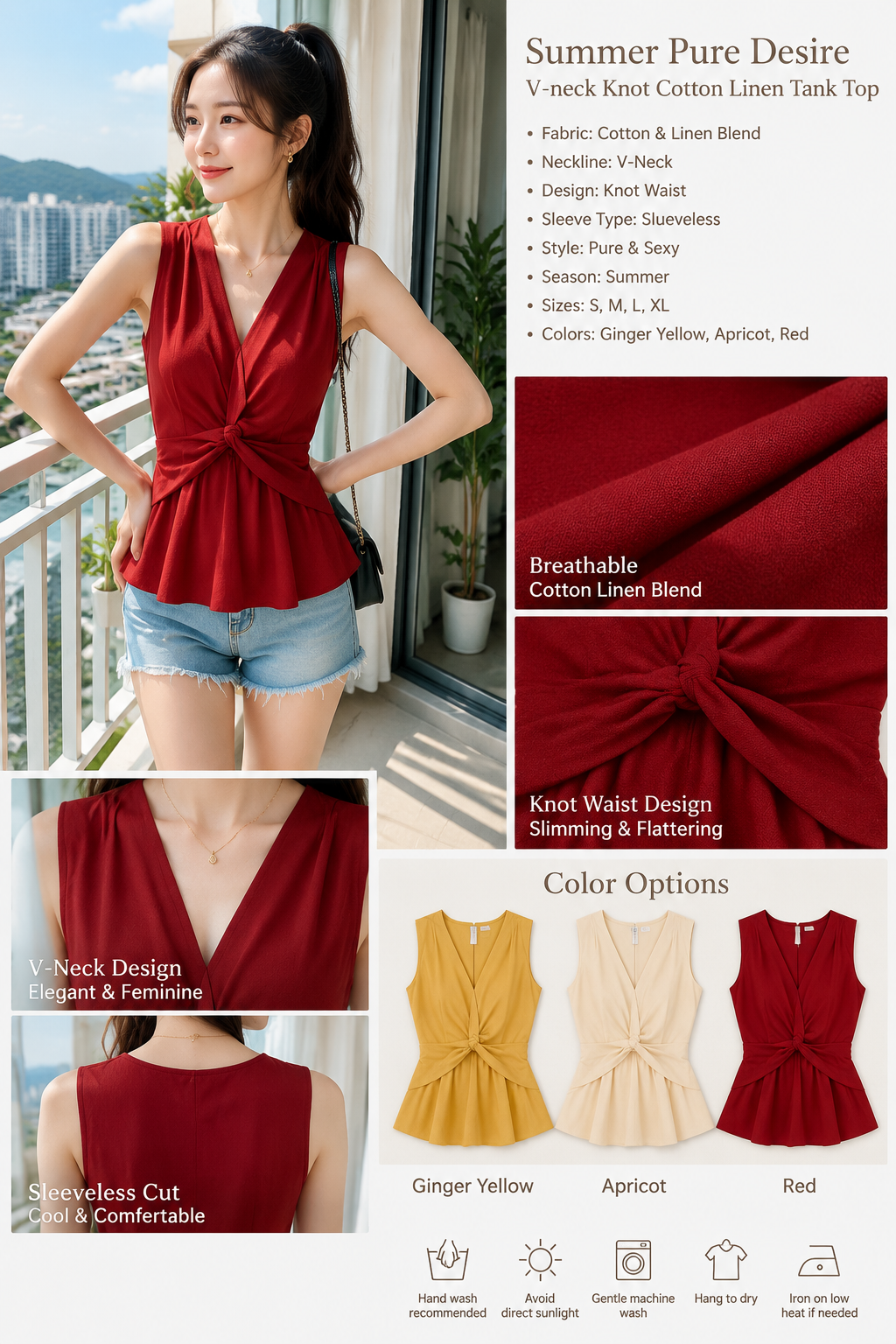 Summer V-neck Twist Sleeveless Tank Top