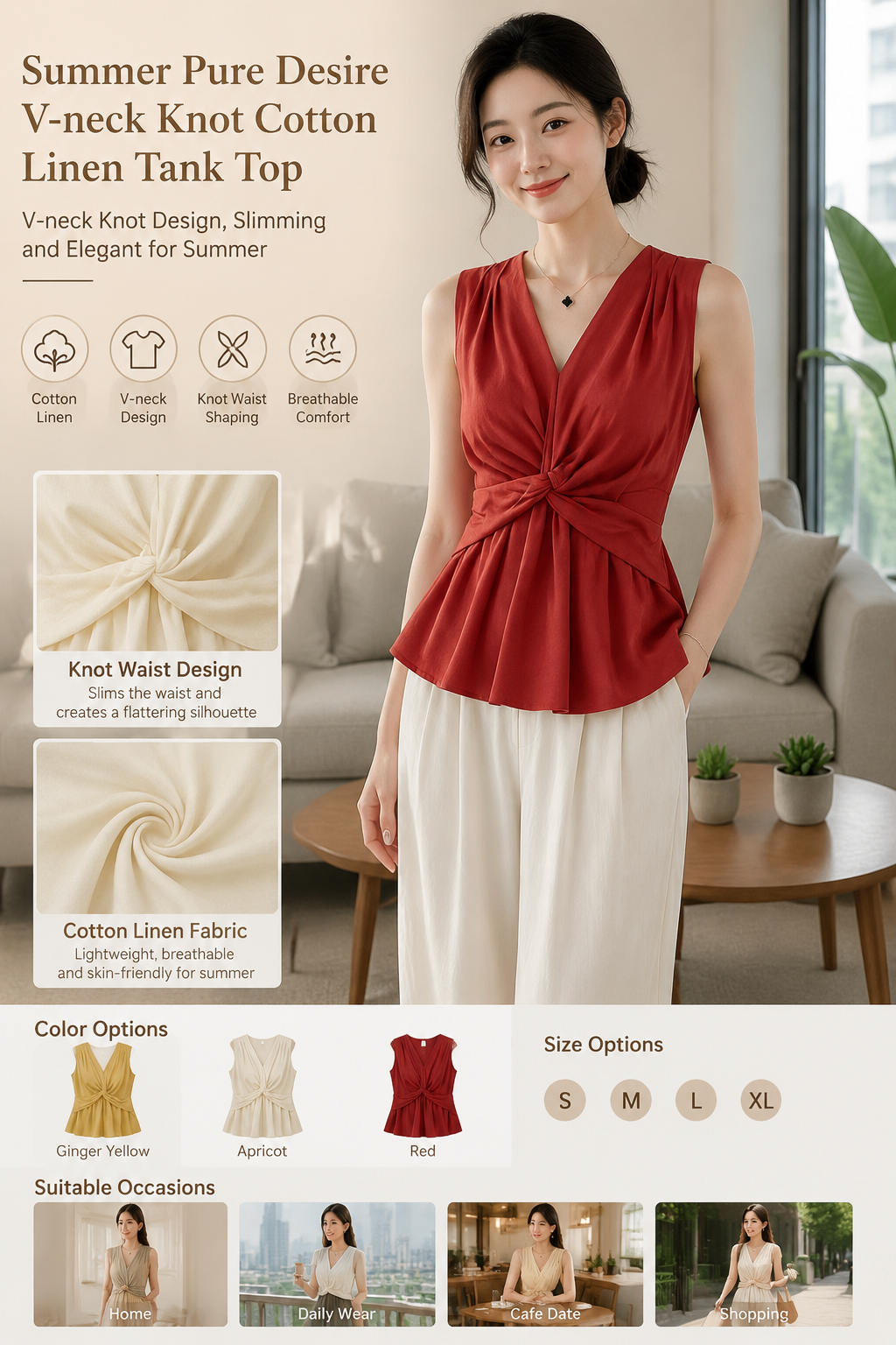 Summer V-neck Twist Sleeveless Tank Top
