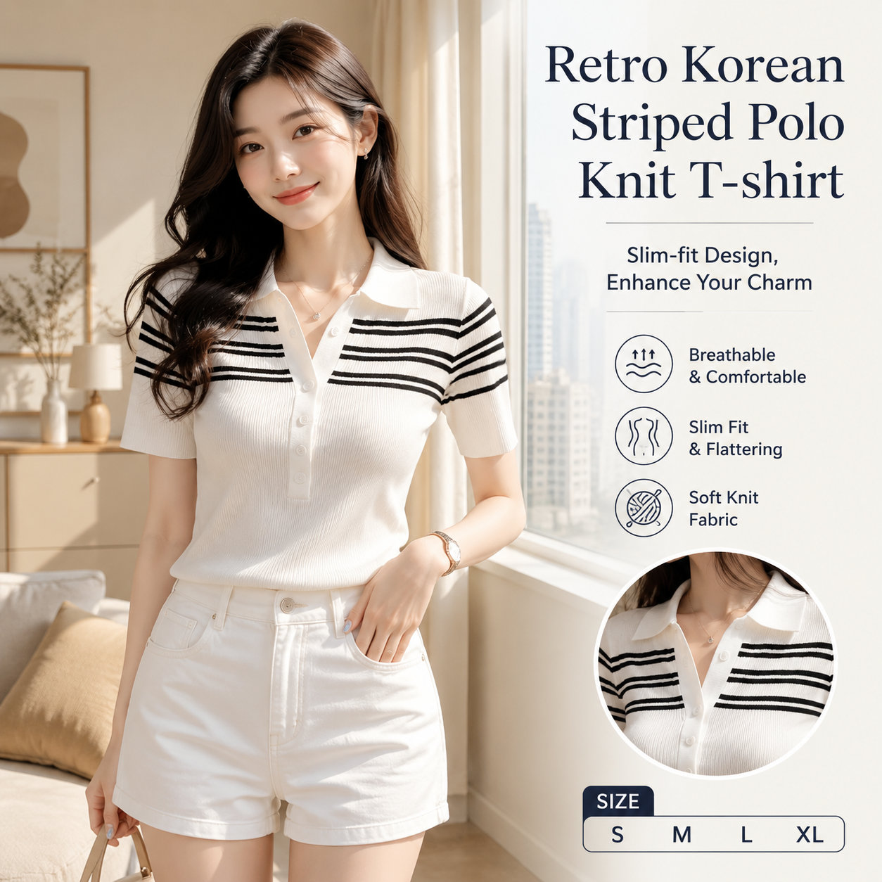 Women's Striped Polo Knit Top