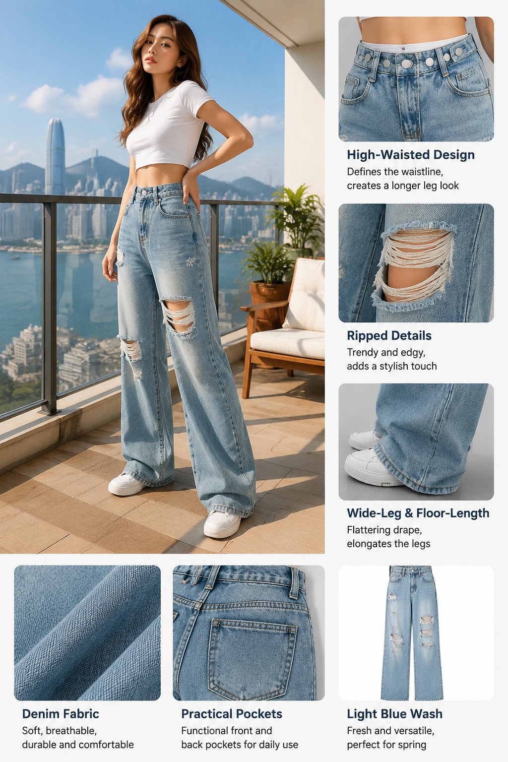High-Waist Ripped Denim Pants