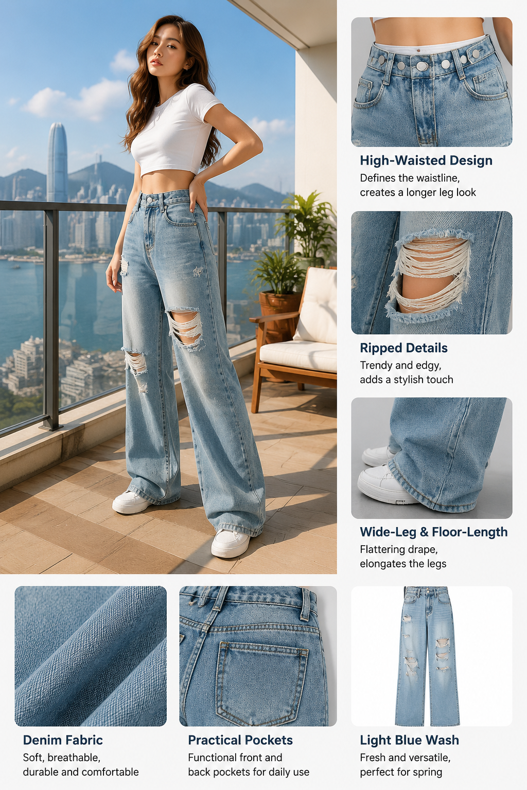 High-Waist Ripped Denim Pants