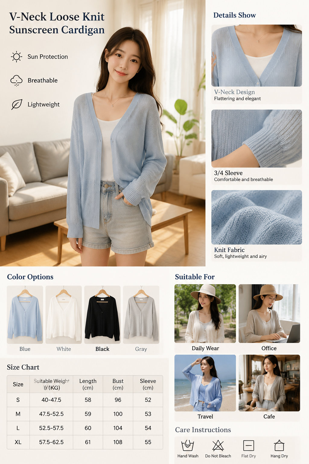 3/4 Sleeve V-neck Knit Sun Protection Women's Top