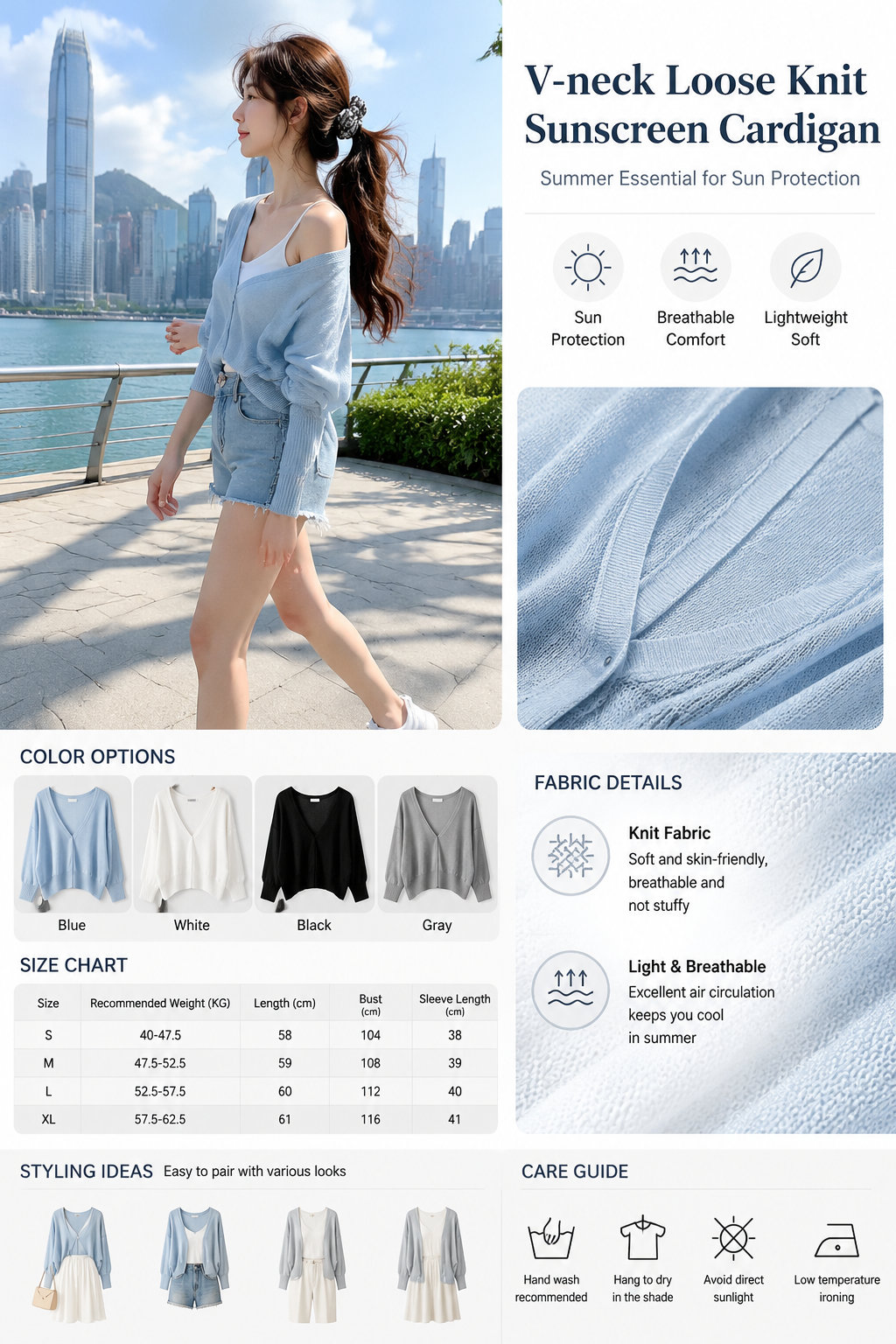 3/4 Sleeve V-neck Knit Sun Protection Women's Top