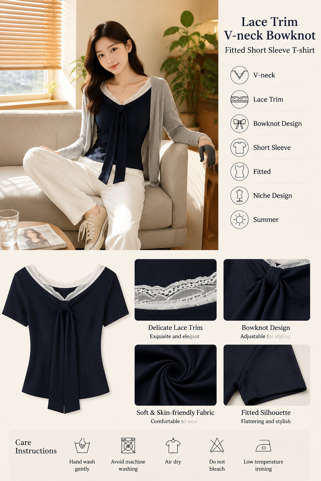 V-neck Lace Bowknot Summer Tee
