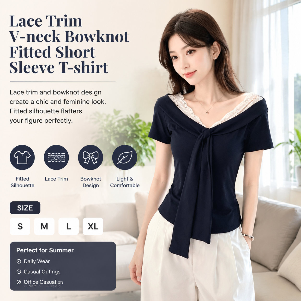 V-neck Lace Bowknot Summer Tee
