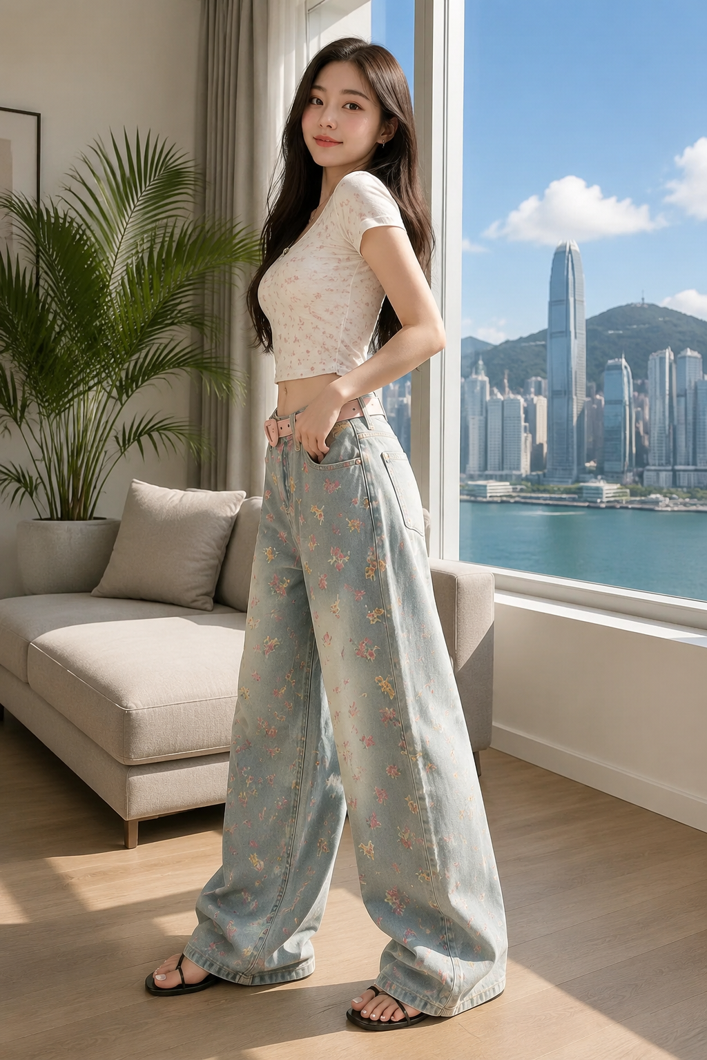 High-Waist Floral Denim Jeans