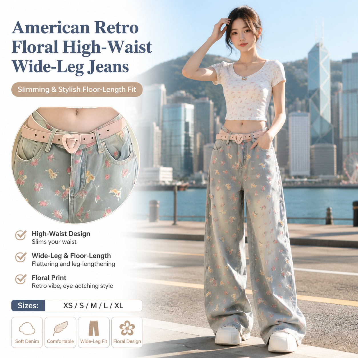 High-Waist Floral Denim Jeans