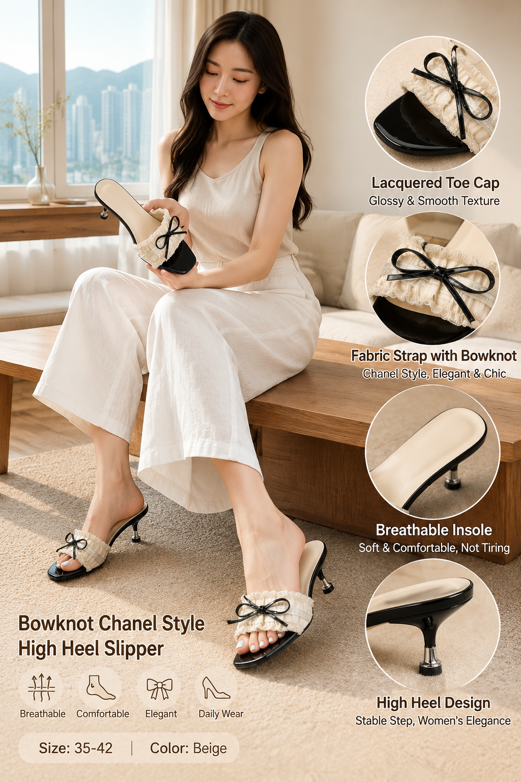 Beige Women's Bow Heel Slides