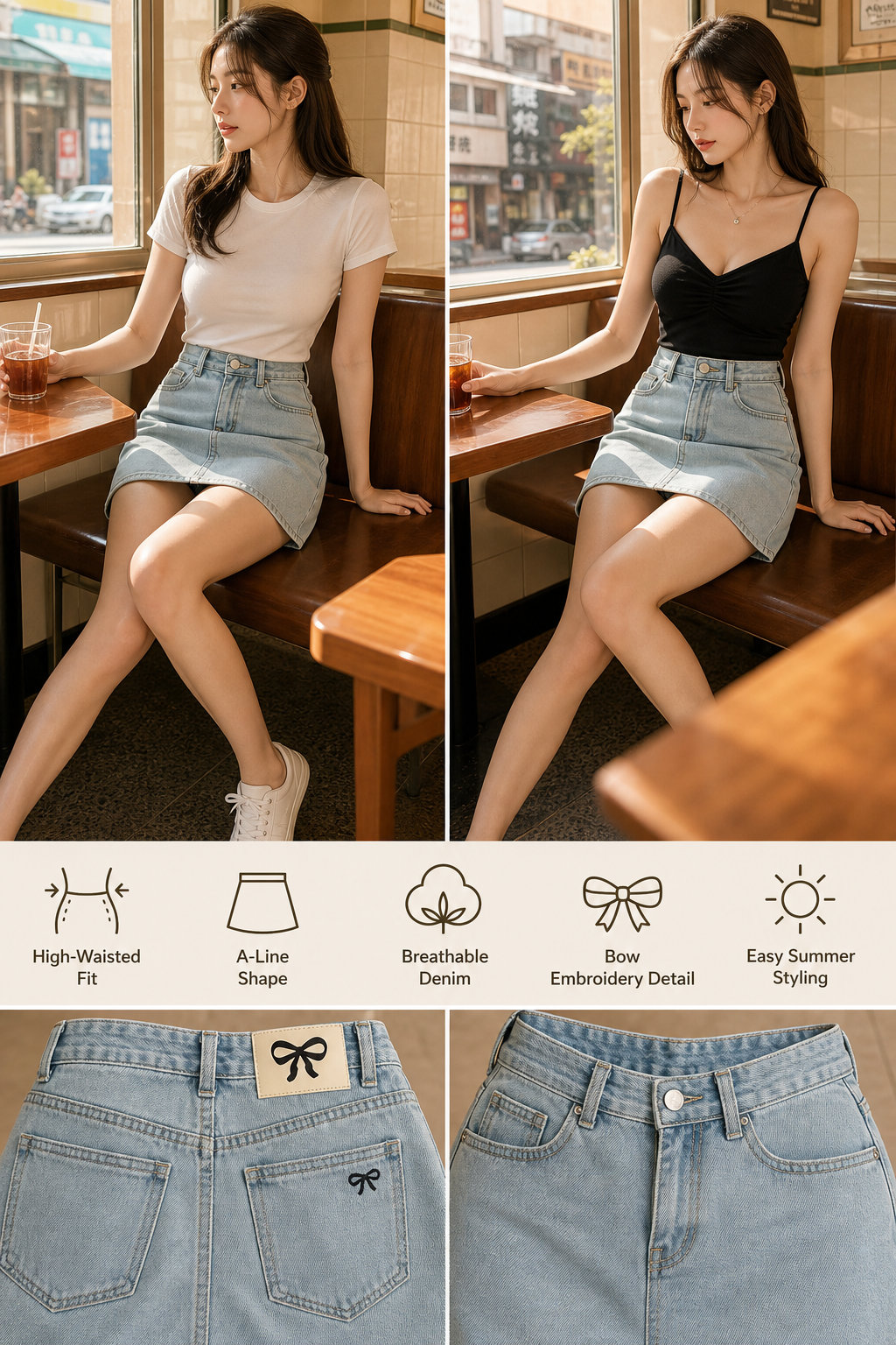 High Waist A-line Embroidered Bow Denim Skirt