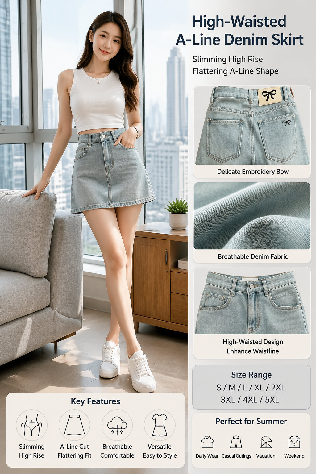 High Waist A-line Embroidered Bow Denim Skirt