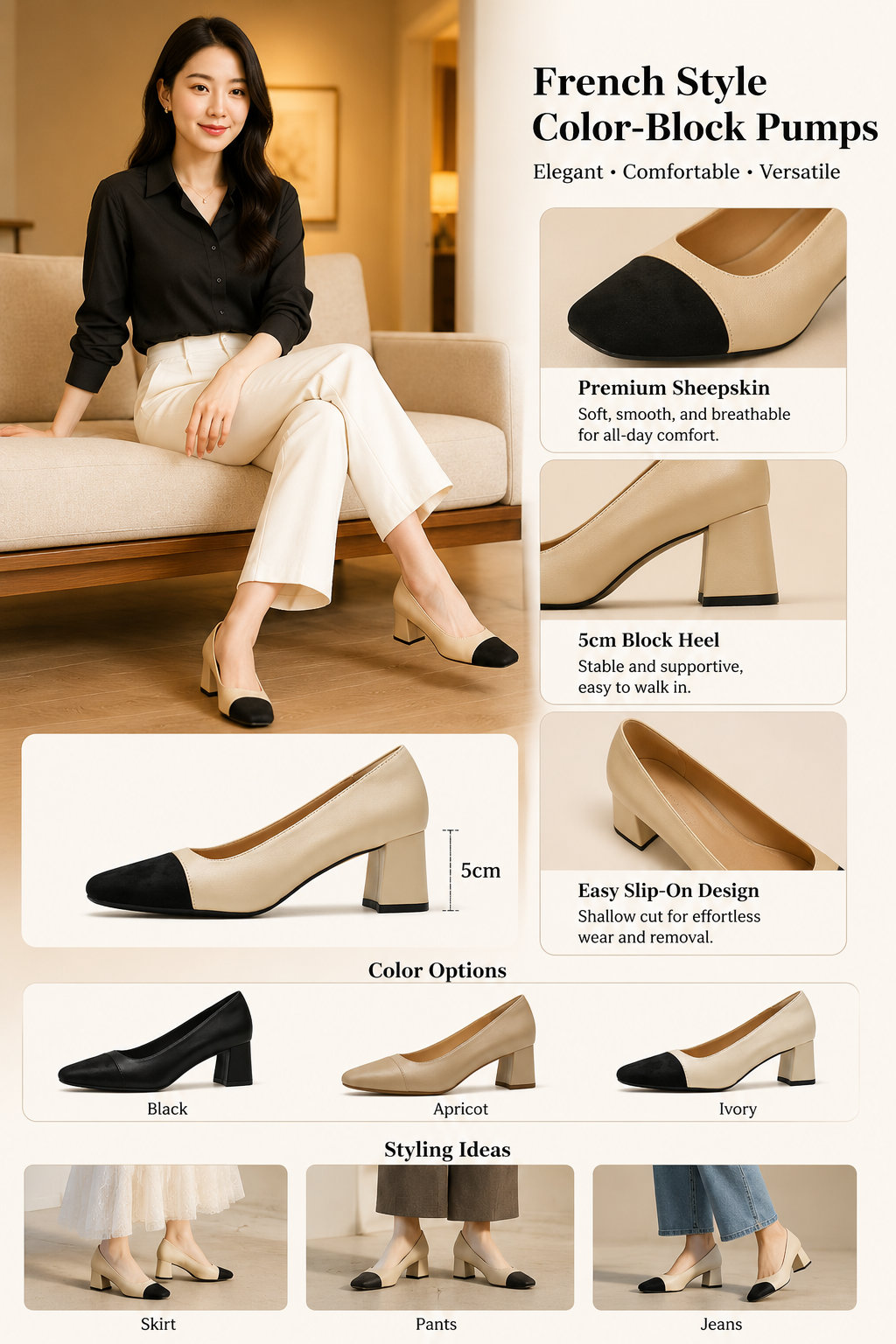 Women's 5cm Colorblock Square Toe Chunky Heel Pumps