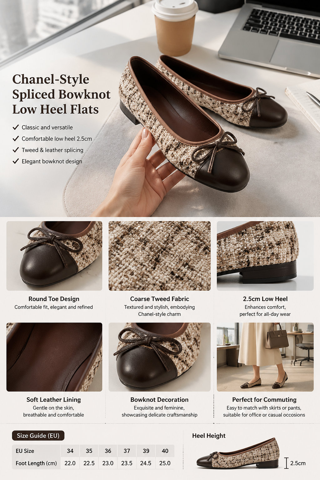 2.5cm Low Heel Bow Women's Tweed Leather Single Shoes
