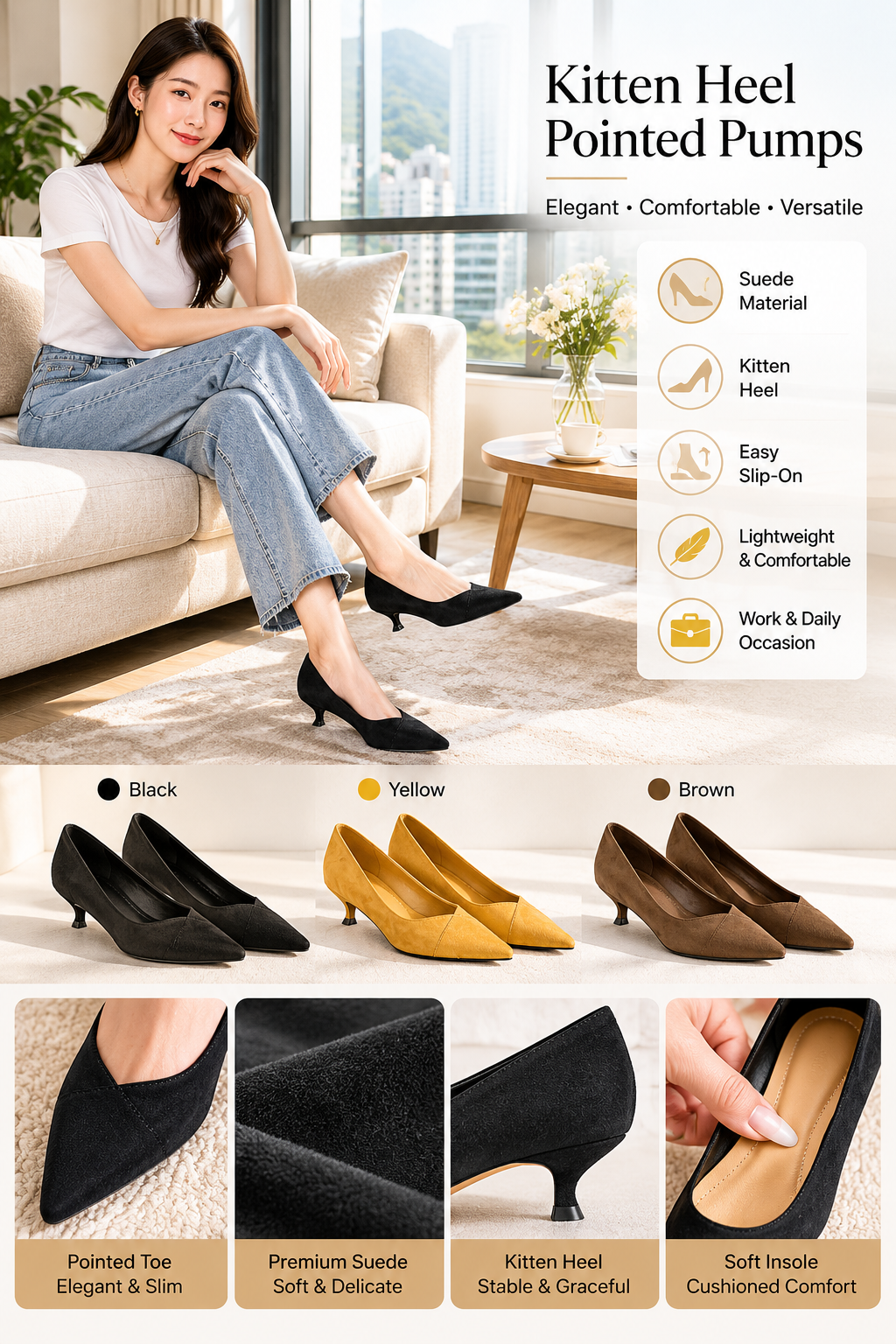 Women's Suede Kitten Heel Slip-on Shoes